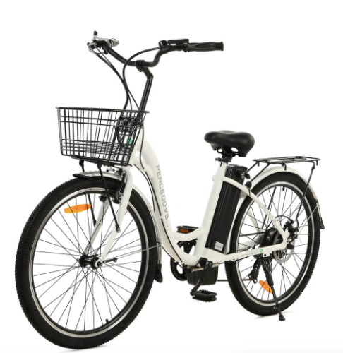 Ecotric 26inch White Peacedove electric city bike with basket and rear rack