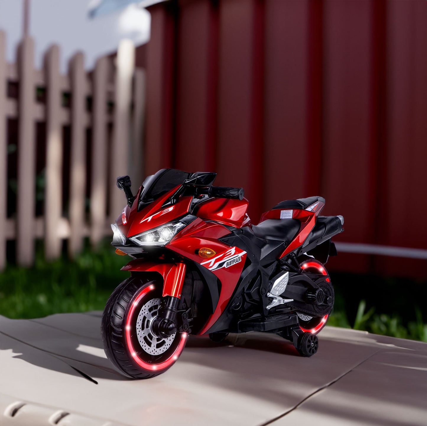 12V Kids Electric Motorcycle Ride-On (Ages 3–6) – Red | Light-Up Wheels, Music & Training Wheels