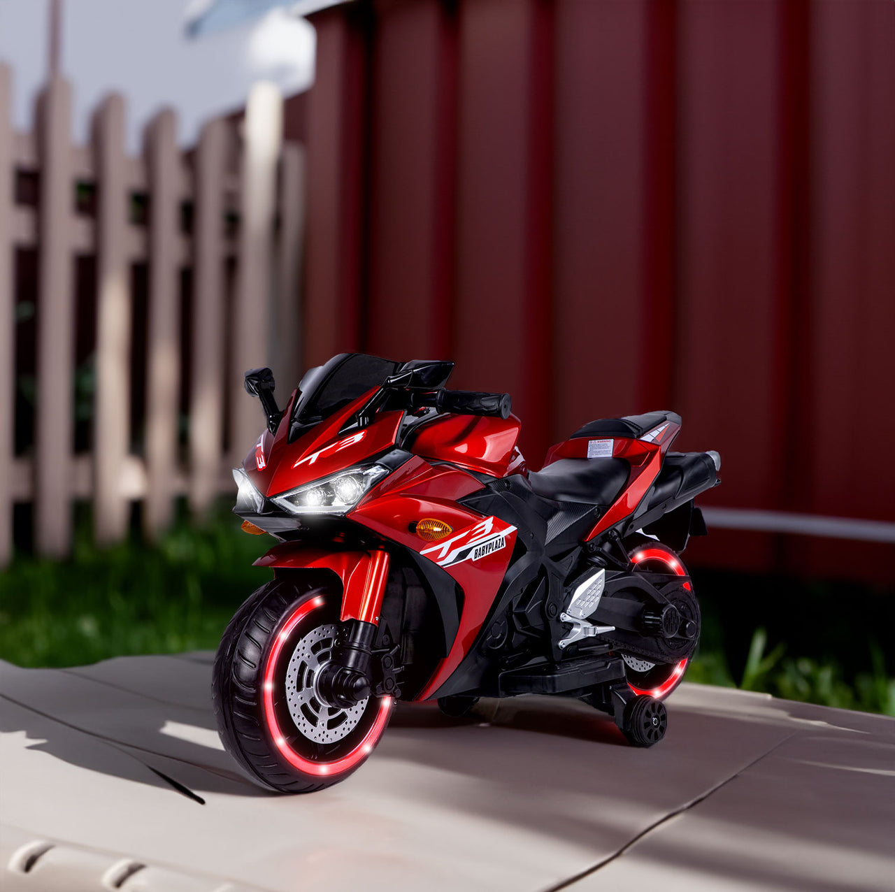 12V Kids Electric Motorcycle Ride-On (Ages 3–6) – Red | Light-Up Wheels, Music & Training Wheels