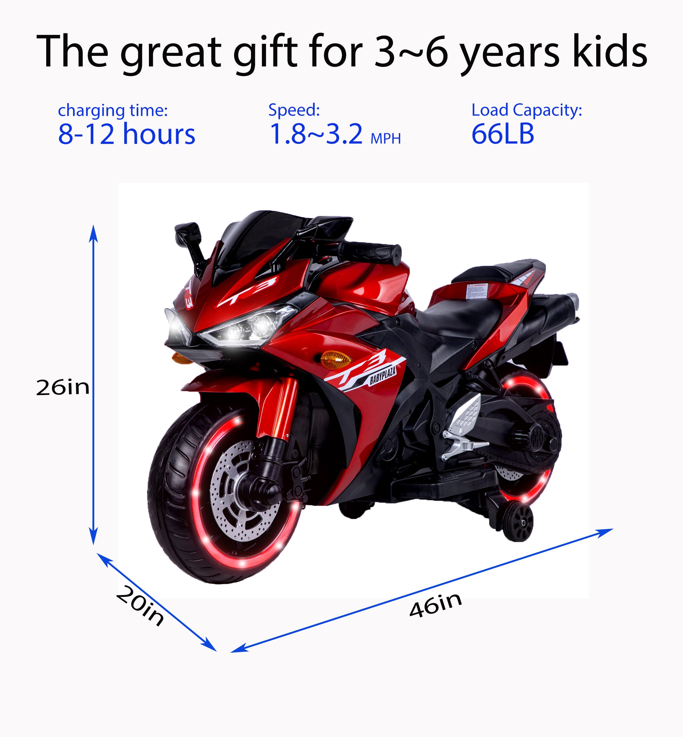 12V Kids Electric Motorcycle Ride-On (Ages 3–6) – Red | Light-Up Wheels, Music & Training Wheels