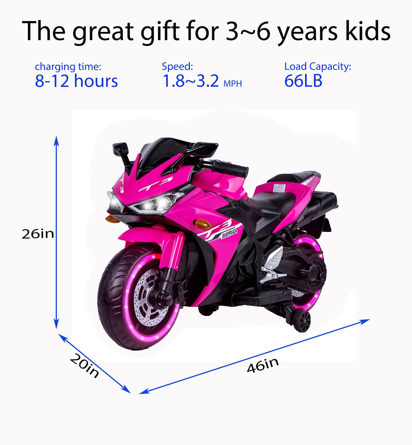 Tamco™ 12V Kids Electric Motorcycle Ride-On (Ages 3–8) – Pink | Light-Up Wheels, Music & Training Wheels