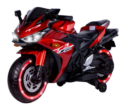 12V Kids Electric Motorcycle Ride-On (Ages 3–6) – Red | Light-Up Wheels, Music & Training Wheels