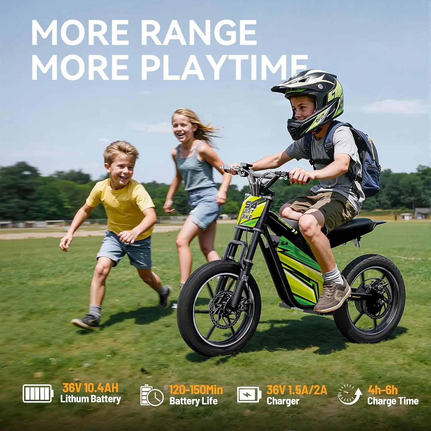 Zesty E-Bike Youth S4 Electric Dirt Bike for Kids 8+ – 800W Peak Motor, 3-Speed (Up to 18.6 MPH), 36V Battery, Steel Frame, Disc Brakes & Knobby Tires