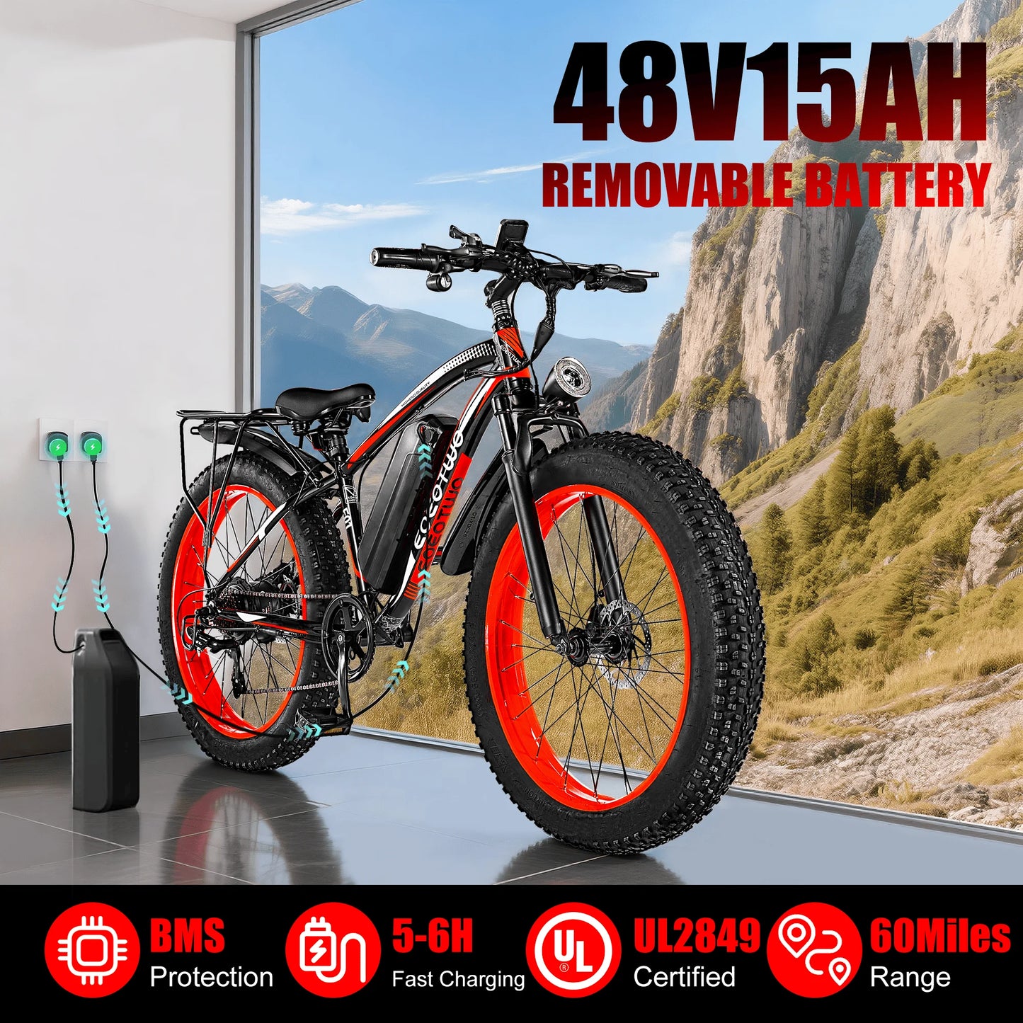 E01 Electric Bike 26x4 Fat Tire 48V 15Ah Battery Front Suspension 400 lb Capacity Aluminum Frame UL 2849 Certified