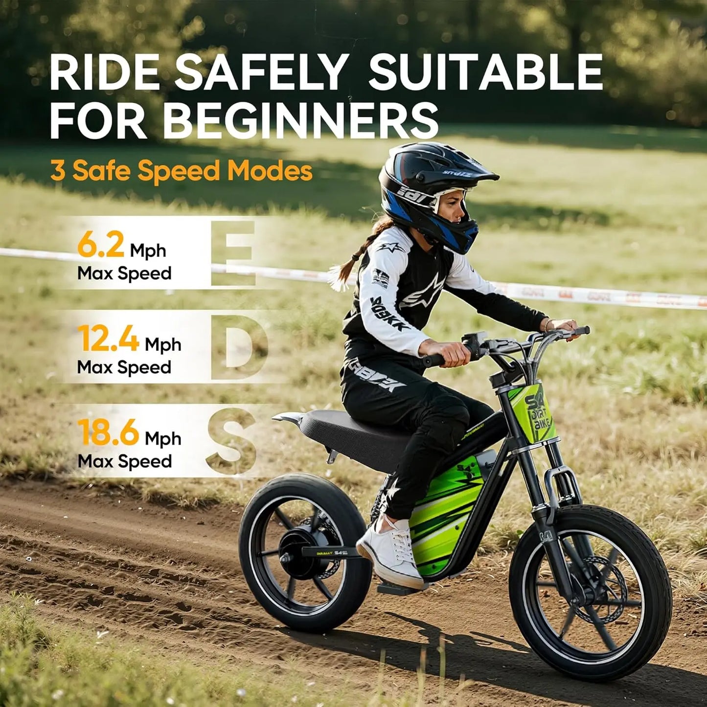 Zesty E-Bike Youth S4 Electric Dirt Bike for Kids 8+ – 800W Peak Motor, 3-Speed (Up to 18.6 MPH), 36V Battery, Steel Frame, Disc Brakes & Knobby Tires