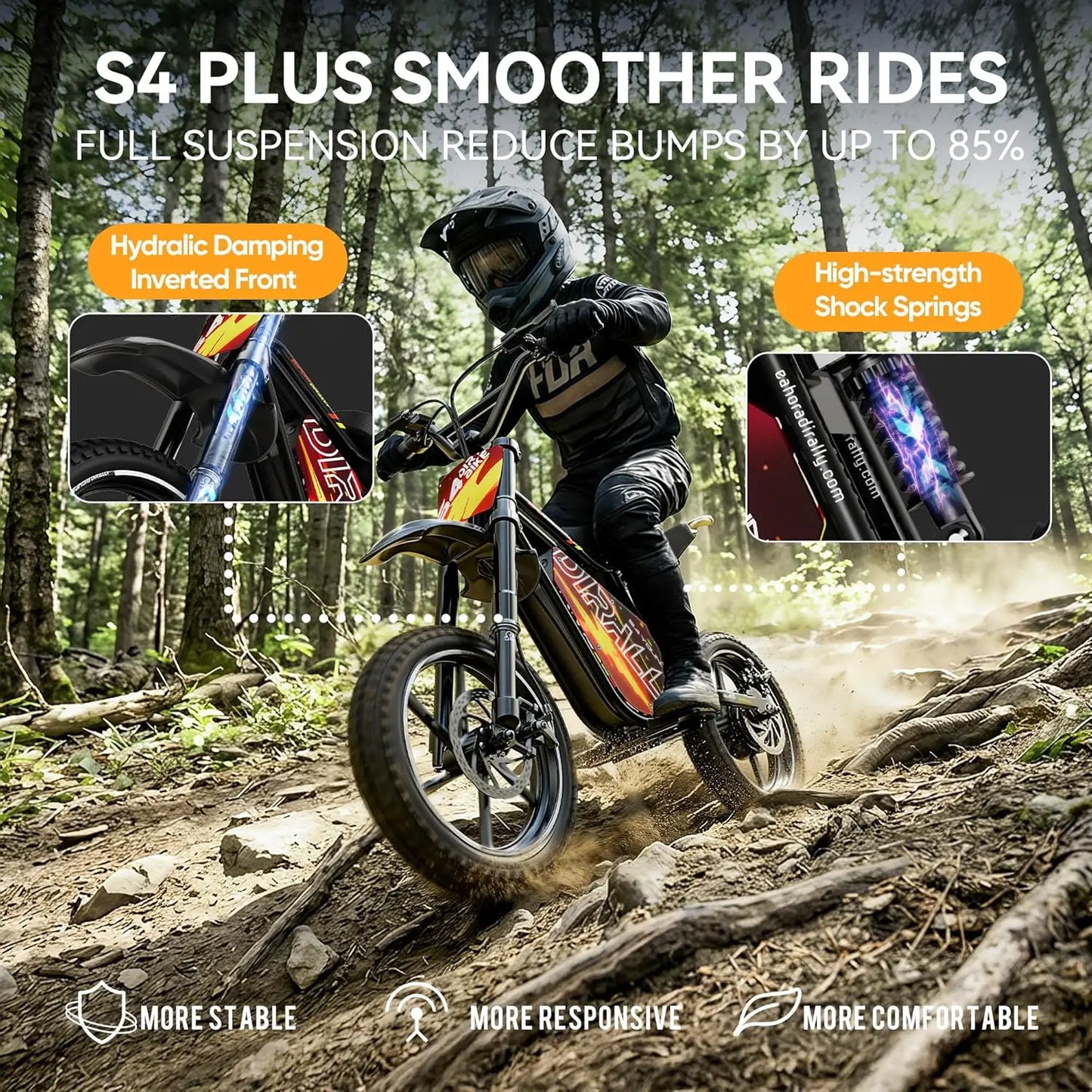 Zesty E-Bike Youth S4 Electric Dirt Bike for Kids 8+ – 800W Peak Motor, 3-Speed (Up to 18.6 MPH), 36V Battery, Steel Frame, Disc Brakes & Knobby Tires