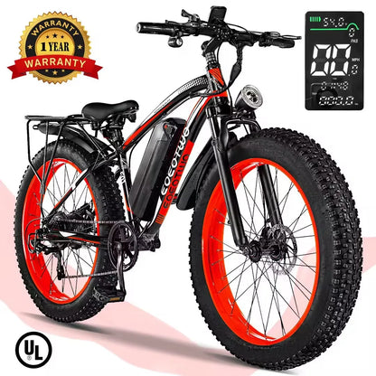 E01 Electric Bike 26x4 Fat Tire 48V 15Ah Battery Front Suspension 400 lb Capacity Aluminum Frame UL 2849 Certified
