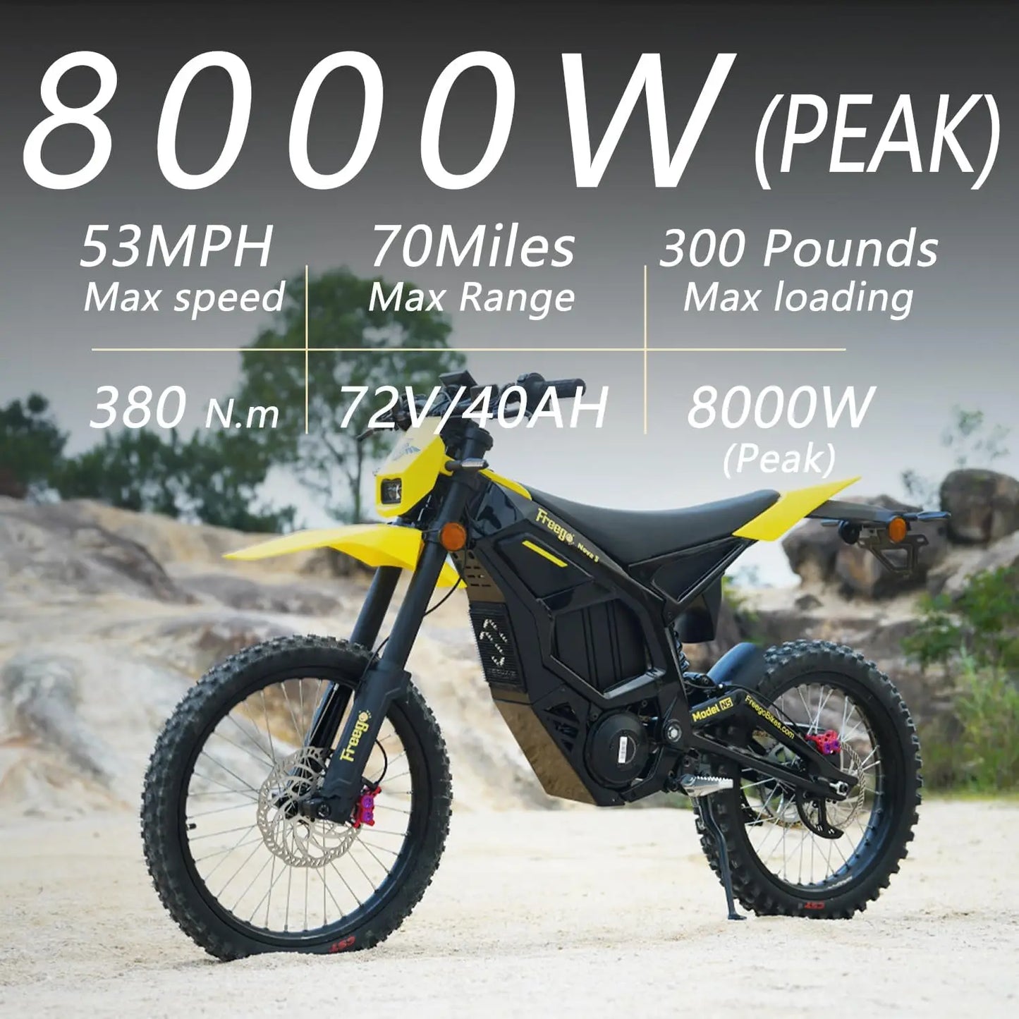 Freego UL 53MPH Electric Dirt Bike N5 Mid-Drive Motor 72V/40AH/8000W Electric Motorcycle Bike 380N.m Fast Charging Off-Road Bike
