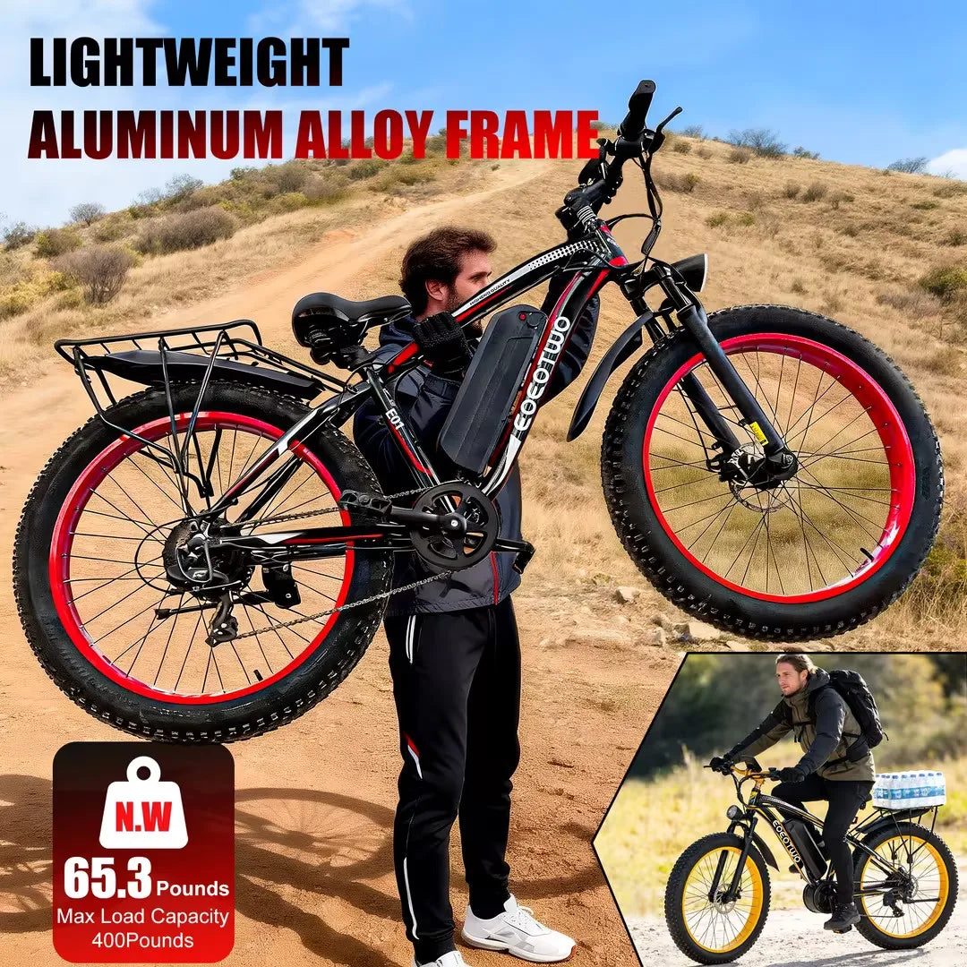 E01 Electric Bike 26x4 Fat Tire 48V 15Ah Battery Front Suspension 400 lb Capacity Aluminum Frame UL 2849 Certified