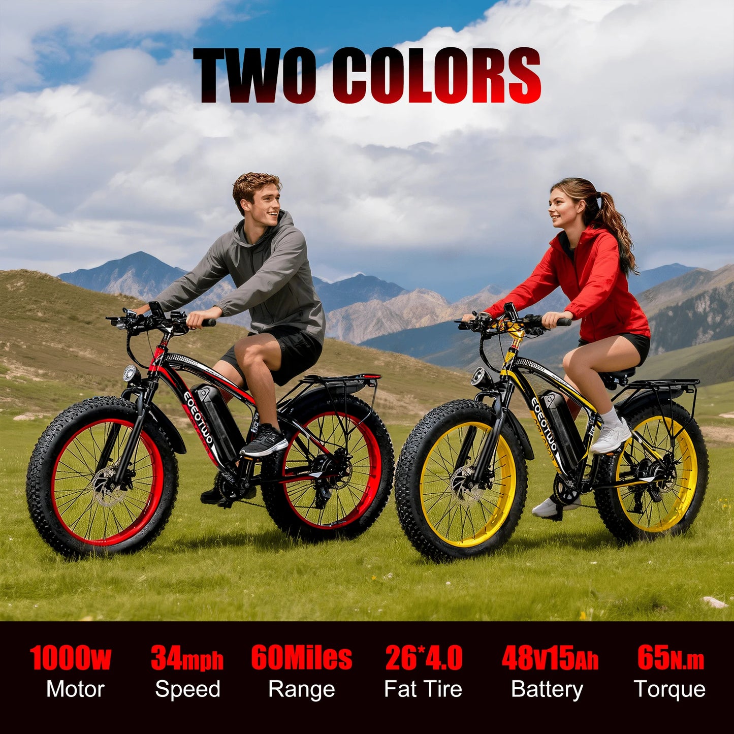 E01 Electric Bike 26x4 Fat Tire 48V 15Ah Battery Front Suspension 400 lb Capacity Aluminum Frame UL 2849 Certified