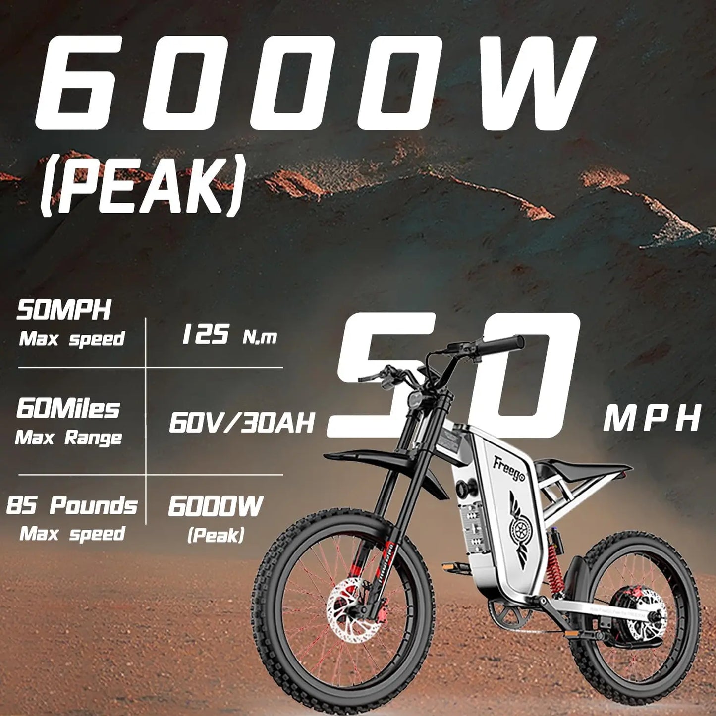 Electric Dirt Bike X2 Pro Electric Motorcycle 6000W(Peak) Motor 1800wh Battery 7 Speed 50MPH Off Road Electric Bicycle