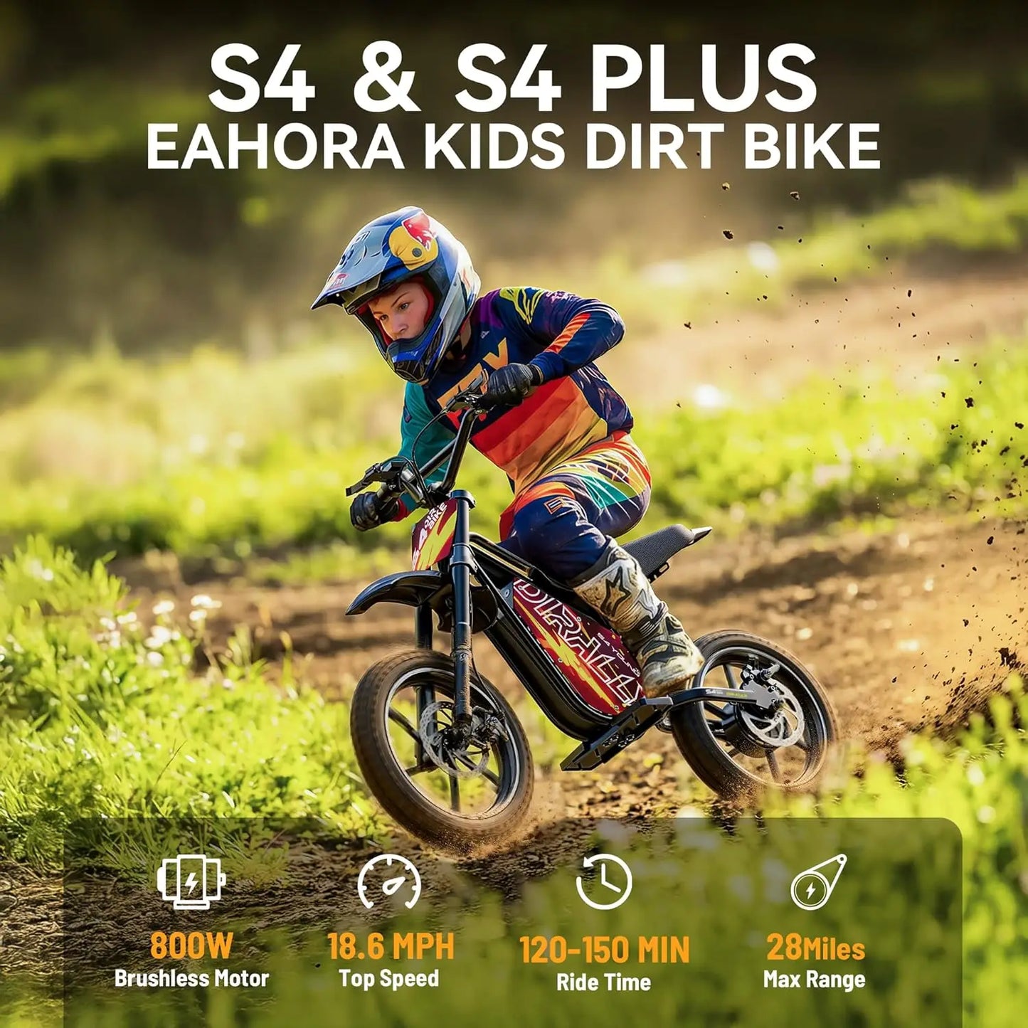 Zesty E-Bike Youth S4 Electric Dirt Bike for Kids 8+ – 800W Peak Motor, 3-Speed (Up to 18.6 MPH), 36V Battery, Steel Frame, Disc Brakes & Knobby Tires