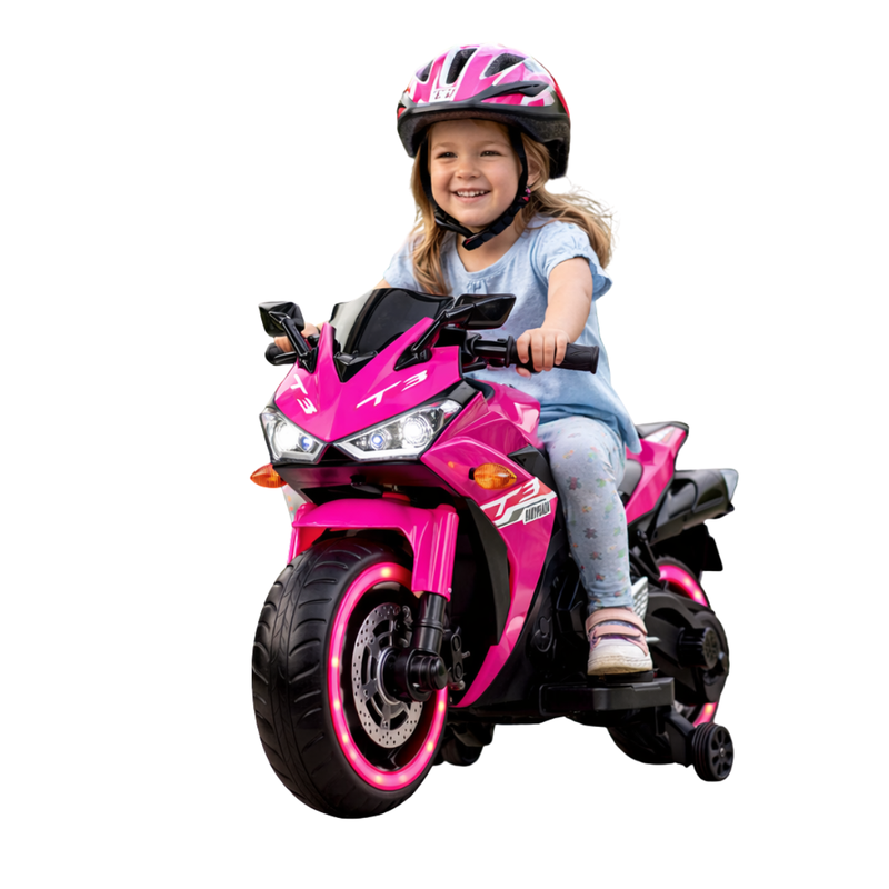 Tamco™ 12V Kids Electric Motorcycle Ride-On (Ages 3–8) – Pink | Light-Up Wheels, Music & Training Wheels