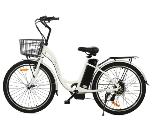Ecotric 26inch White Peacedove electric city bike with basket and rear rack